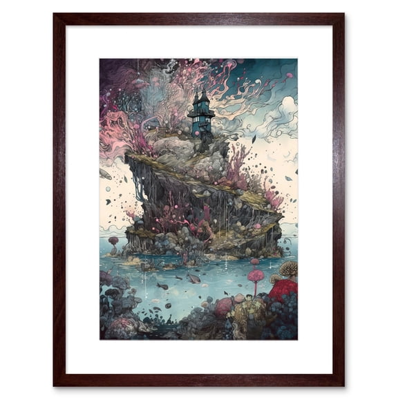 Fantasy World Coastal Island Landscape Nymph House Magical Marine Life Flying Fish Seaweed Cloud Artwork Framed Wall Art Print 9X7 Inch