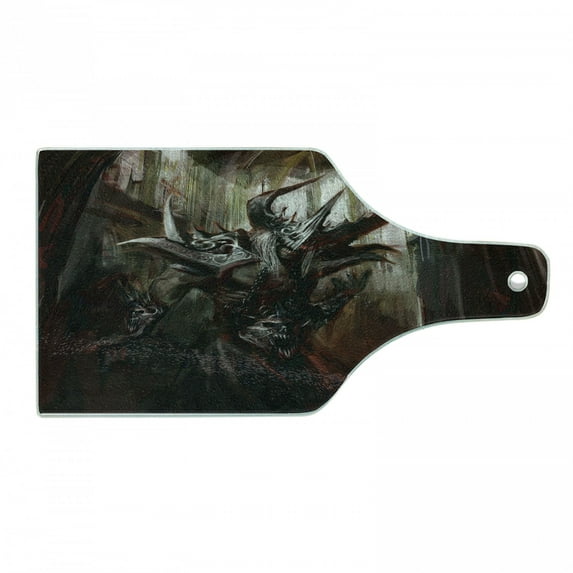 Fantasy World Cutting Board, Armored Evil Monster in Apocalyptic Imaginary Knight Character Print, Decorative Tempered Glass Cutting and Serving Board, in 3 Sizes, by Ambesonne