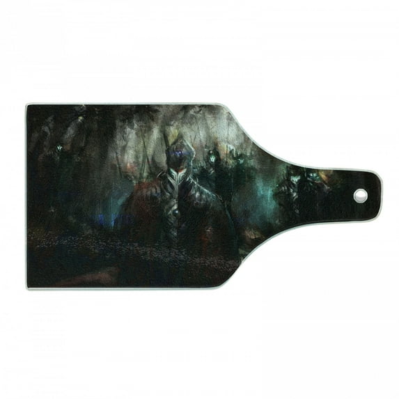 Fantasy World Cutting Board, Cybernetics Deep in Forest Futuristic Artificial Evil Fighters Theme, Decorative Tempered Glass Cutting and Serving Board, Wine Bottle Shape, Blue Red, by Ambesonne