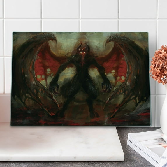 Fantasy World Cutting Board, Devil Shadow with Wings Primary Opponent of Rising Hell Afterlife Image, Decorative Tempered Glass Cutting and Serving Board, Large Size, Red Grey, by Ambesonne