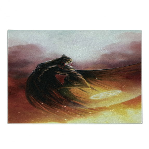 Fantasy World Cutting Board, Superhero in His Original Costume Flying up Magic Save the World Theme, Decorative Tempered Glass Cutting and Serving Board, Small Size, Yellow and Red, by Ambesonne