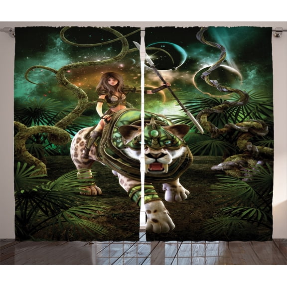 Ambesonne Fantasy Curtains 2 Panel Set, Fantasy Tiger Galaxy, 108" x 90", Green