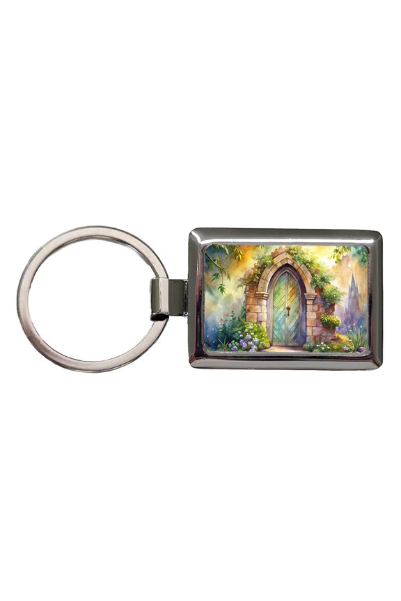 Fantasy World Doorway Fairy Gnome Elven Watercolor Metal Rectangle Keychain
