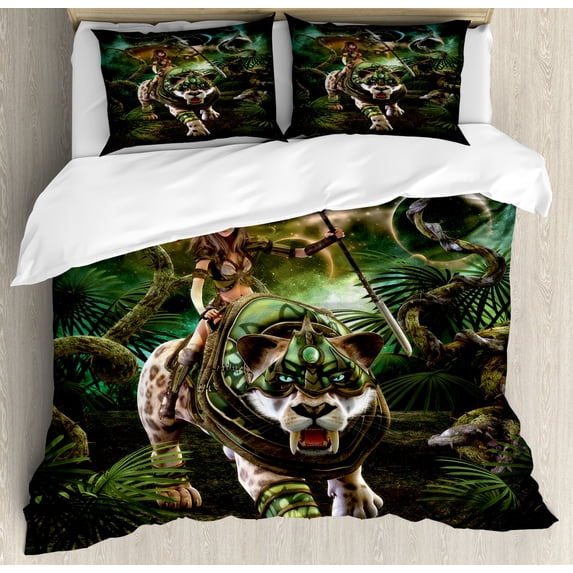 Fantasy World Duvet Cover Set King Size, Graphics of Fantasy Scene with Girl and Saber-tooth Tiger Magical Plants Galaxy, Decorative 3 Piece Bedding Set with 2 Pillow Shams, Green, by Ambesonne