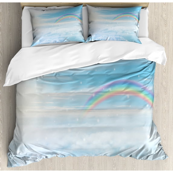 Fantasy World Duvet Cover Set, Pattern of a Rainbow over Clouds, Decorative 3 Piece Bedding Set with 2 Pillow Shams, Queen Size, Pale Sky Blue Multicolor, by Ambesonne