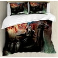 thumbnail image 1 of Fantasy World Duvet Cover Set Queen Size, Thunder Wrath in Viking Thorn Ship Floating in Fiery Waves Odin Narrative, Decorative 3 Piece Bedding Set with 2 Pillow Shams, Grey Orange, by Ambesonne, 1 of 3