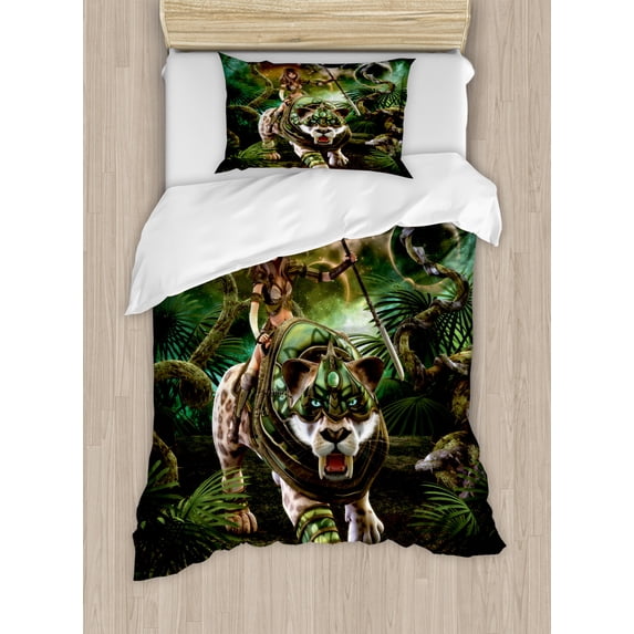 Fantasy World Duvet Cover Set Twin Size, Graphics of Fantasy Scene with Girl and Saber-tooth Tiger Magical Plants Galaxy, Decorative 2 Piece Bedding Set with 1 Pillow Sham, Green, by Ambesonne