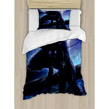 Fantasy World Duvet Cover Set Twin Size, Surreal Werewolf with Electric Eyes in Full Moon Transformation Folkloric, Decorative 2 Piece Bedding Set with 1 Pillow Sham, Purple Blue, by Ambesonne