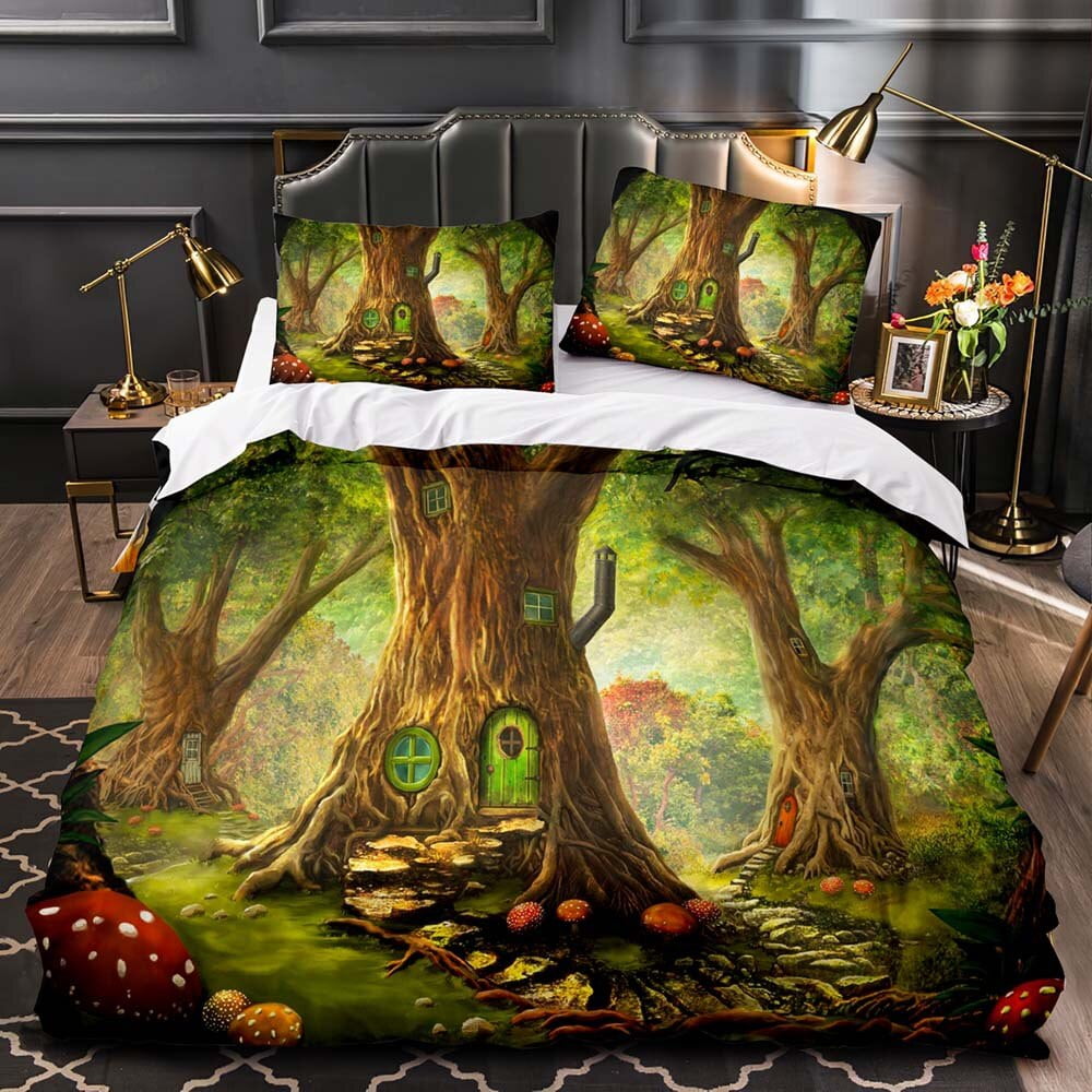 Fantasy World Forest Duvet Cover Set Cartoon Castle Bedding Set Magic Elf Tree Polyester Quilt