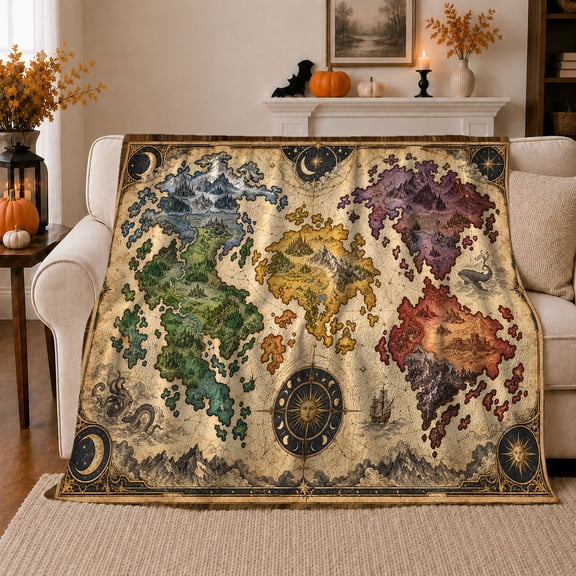 Fantasy World Map with Compass and Sailing Ship, Antique Cartographic Art for Map Lovers, Imaginary Realm Adventure and Housewarming Gift, Cozy Flannel Blanket for Den and Bedroom, Home Decor