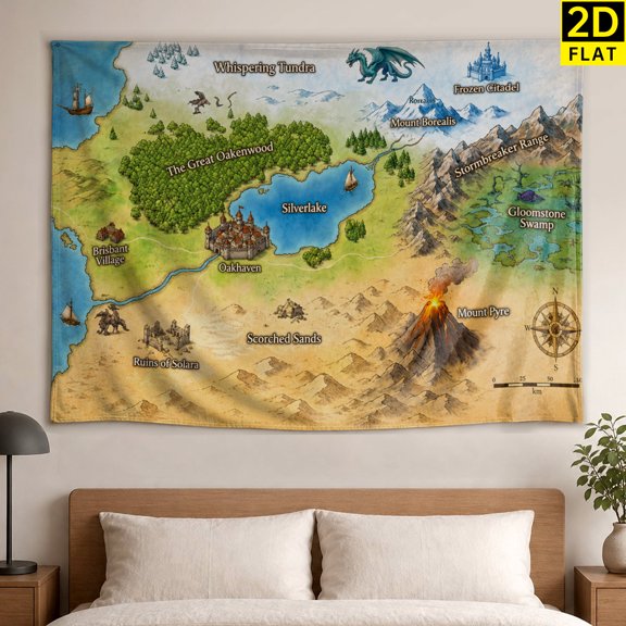 Fantasy World Map Dragon Castle Mountain Wall tapestry, Large size Printed Horizontal Tapestry blanket, Polyester Fabric Wall Hanging for bedroom, living room, Gift for Family and Friends