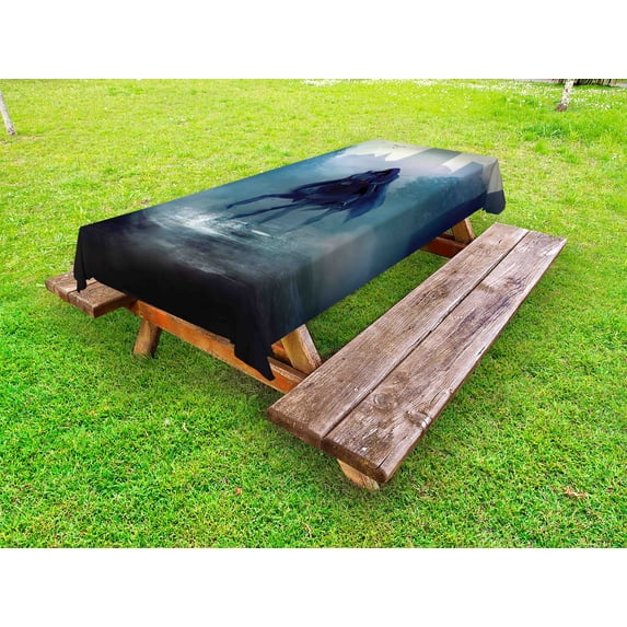 Fantasy World Outdoor Tablecloth, Fantasy Horseman with Hood Riding in Dark Mystic Foggy Forest Road Fairytale Theme, Decorative Washable Fabric Picnic Table Cloth, 58 X 84 Inches,Navy, by Ambesonne
