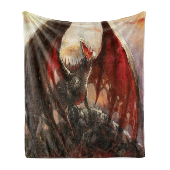 Fantasy World Soft Flannel Fleece Blanket, Majestic Dragon Resting on Mountain Mythological Fire-Spewing Creature Print, Cozy Plush for Indoor and Outdoor Use, 70" x 90", Multicolor, by Ambesonne