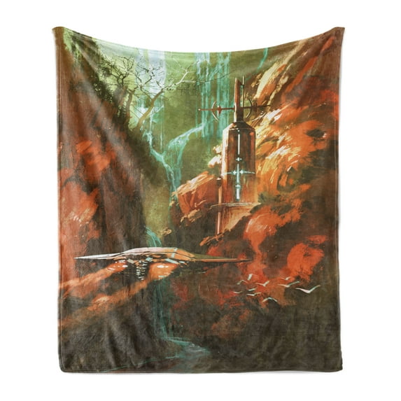 Fantasy World Soft Flannel Fleece Blanket, Spaceship on Background of Waterfall Lighthouse and Red Canyon Fantasy Landscape, Cozy Plush for Indoor and Outdoor Use, 50" x 60", Brown, by Ambesonne