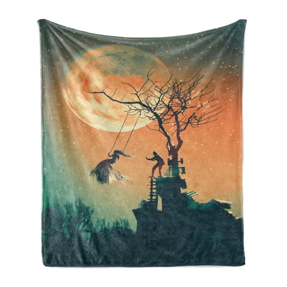 Fantasy World Soft Flannel Fleece Blanket, Spooky Night Zombie Bride and Groom Lady on Swing Under Starry Sky Full Moon, Cozy Plush for Indoor and Outdoor Use, 50" x 60", Orange Teal, by Ambesonne