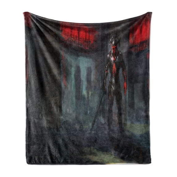 Fantasy World Soft Flannel Fleece Throw Blanket, Fictional Reverent Character in Building Dark Gothic Demonic Devil Print, Cozy Plush for Indoor and Outdoor Use, 50" x 70", Grey and Red, by Ambesonne