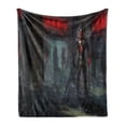 thumbnail image 1 of Fantasy World Soft Flannel Fleece Throw Blanket, Fictional Reverent Character in Building Dark Gothic Demonic Devil Print, Cozy Plush for Indoor and Outdoor Use, 60" x 80", Grey and Red, by Ambesonne, 1 of 5