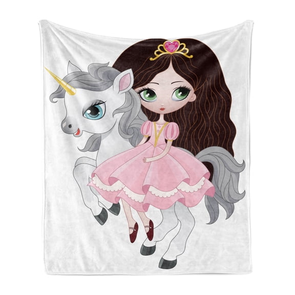 Fantasy World Soft Flannel Fleece Throw Blanket, Girl with a Pink Dress and a Crown on a Pony Unicorn, Cozy Plush for Indoor and Outdoor Use, 60" x 80", Seal Brown Multicolor, by Ambesonne