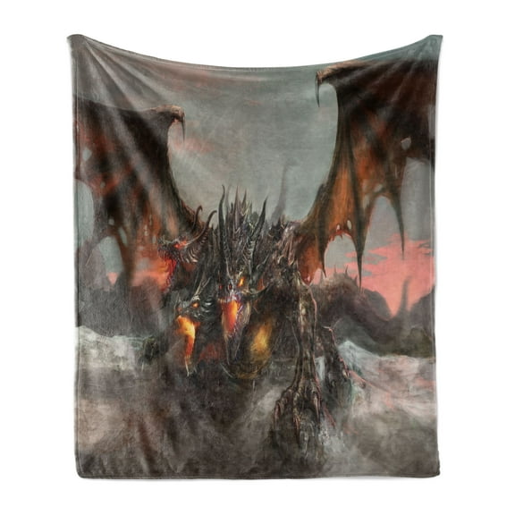 Fantasy World Soft Flannel Fleece Throw Blanket, Illustration of 3 Headed Breathing Dragon Large Monster Gothic Theme, Cozy Plush for Indoor and Outdoor Use, 60" x 80", Brown Grey, by Ambesonne