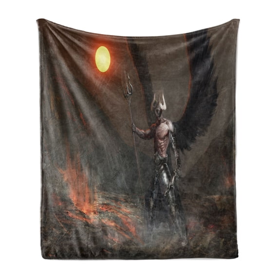 Fantasy World Soft Flannel Fleece Throw Blanket, Knight with Wings Feathers Angel Devil Moon Fantasy Night Illustration, Cozy Plush for Indoor and Outdoor Use, 50" x 70", Yellow Brown, by Ambesonne