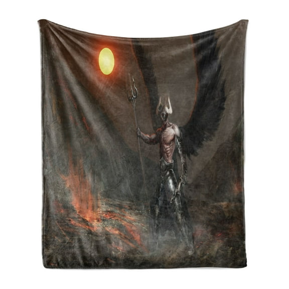 Fantasy World Soft Flannel Fleece Throw Blanket, Knight with Wings Feathers Angel Devil Moon Fantasy Night Illustration, Cozy Plush for Indoor and Outdoor Use, 60" x 80", Yellow Brown, by Ambesonne