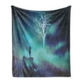 thumbnail image 1 of Fantasy World Soft Flannel Fleece Throw Blanket, Man on a Boat in the Outer Space Along Tree Stars Cosmos Digital Art, Cozy Plush for Indoor and Outdoor Use, 70" x 90", Turquoise Purple, by Ambesonne, 1 of 5