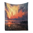 thumbnail image 1 of Fantasy World Soft Flannel Fleece Throw Blanket, Man on Sandy Beach with City Skyscrapers Skyline Sunset Oil Paint Graphic, Cozy Plush for Indoor and Outdoor Use, 50" x 60", Orange Blue, by Ambesonne, 1 of 6
