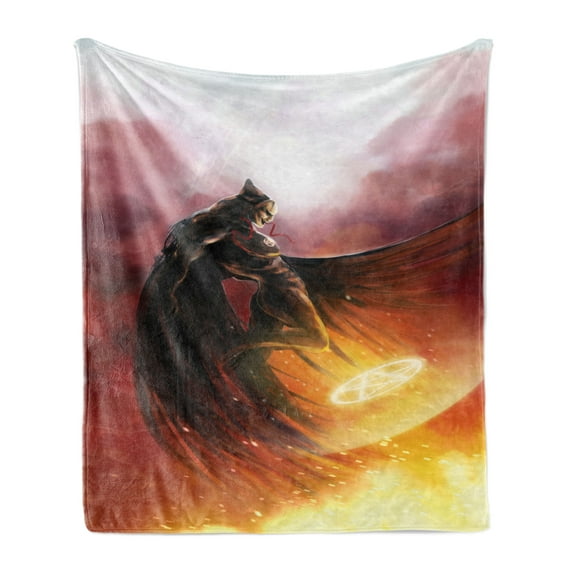 Fantasy World Soft Flannel Fleece Throw Blanket, Superhero in His Original Costume Flying up Magic Save the World Theme, Cozy Plush for Indoor and Outdoor Use, 50" x 70", Yellow and Red, by Ambesonne