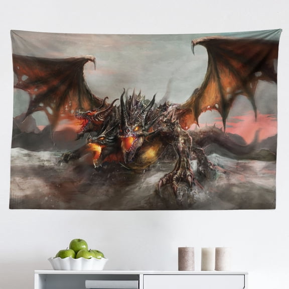 Fantasy World Tapestry, Pegasus King Leading in The Dark Ages Imaginary Magic Story Art Print, Fabric Wall Hanging Decor for Bedroom Living Room Dorm, 2 Sizes, Black Brown, by Ambesonne