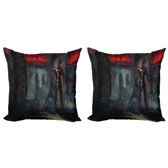 Ambesonne Fantasy Throw Pillow Cover 2 Pack, Fantasy Building Gothic, 16", Grey and Red