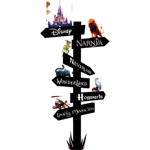 Fantasy Worlds Direction Sign Wall Sticker Decal Pricess Castle , Narnia, Hogwarts, Wonderland, Neverland 14x38 Inches