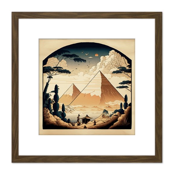 Fantasy Worlds Great Pyramids Egypt Hokusai Japanese Style Poster Square Wooden Framed Wall Art Print Picture 8X8 Inch