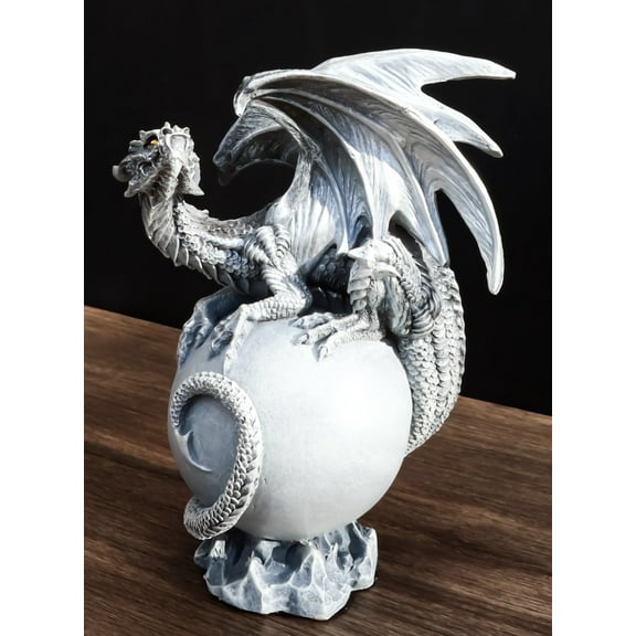 Fantasy Wyrmling White Shadow Ghost Dragon Sleeping On Gray Moon Figurine