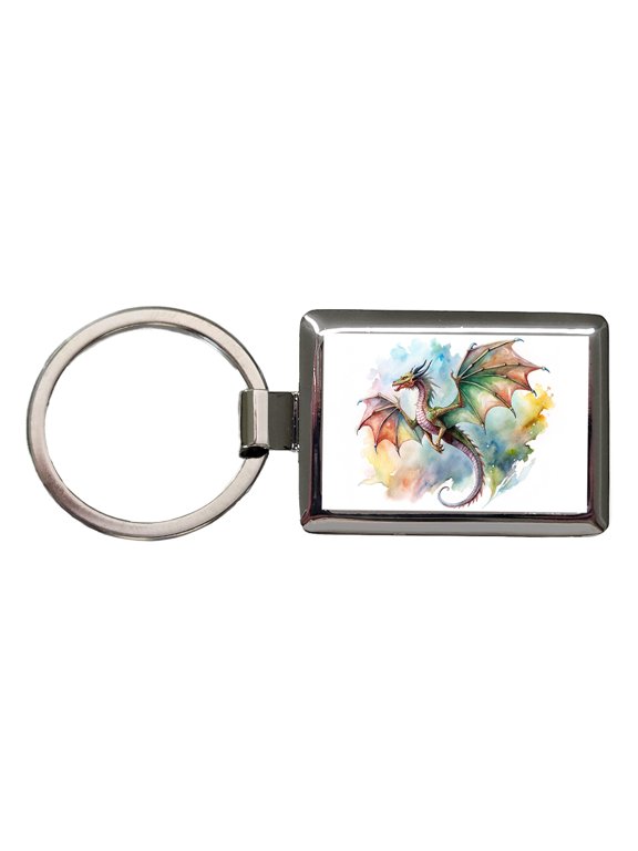 Fantasy Wyvern Dragon In Flight Watercolor Metal Rectangle Keychain