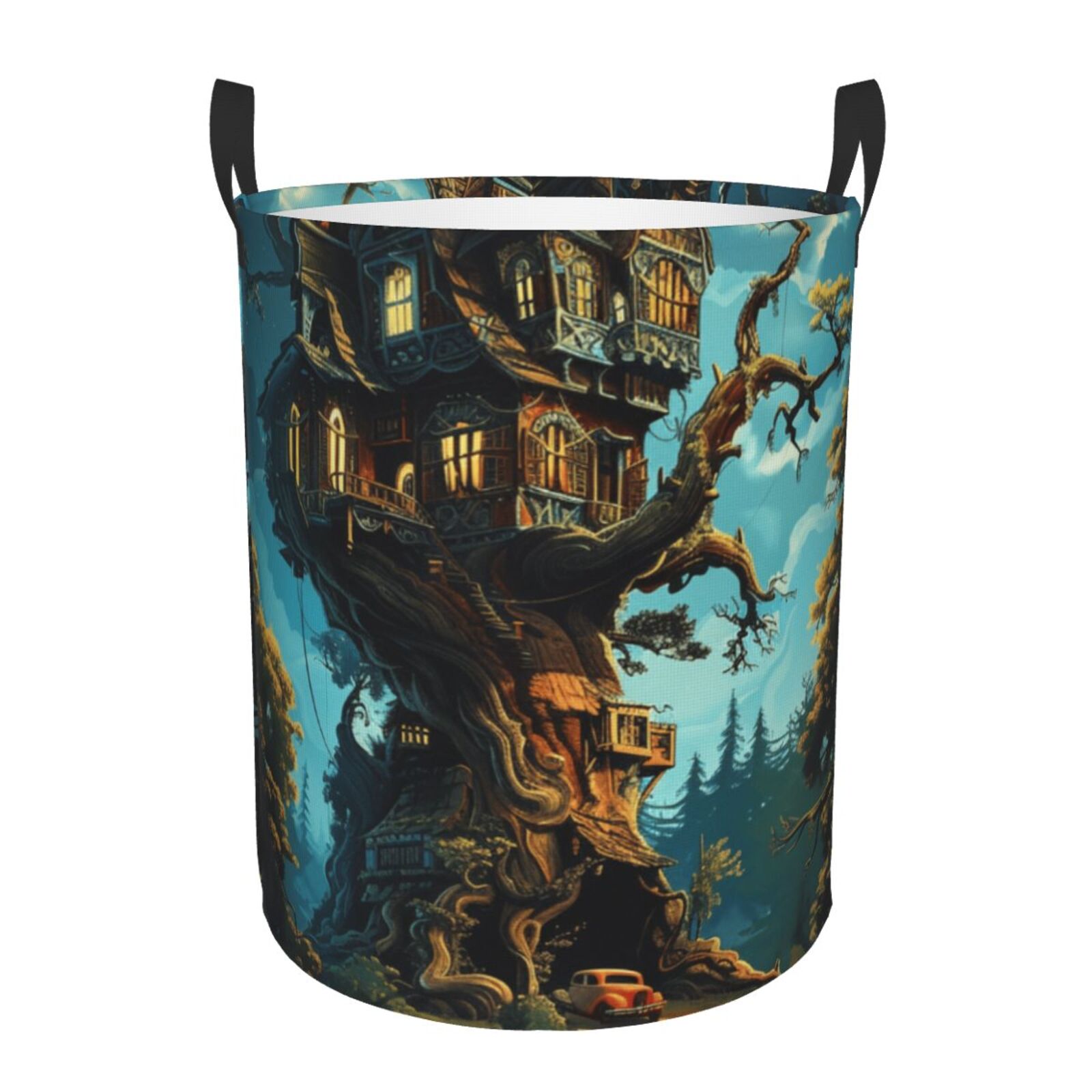 Fantasy building treehouse basket with handle, circular laundry basket