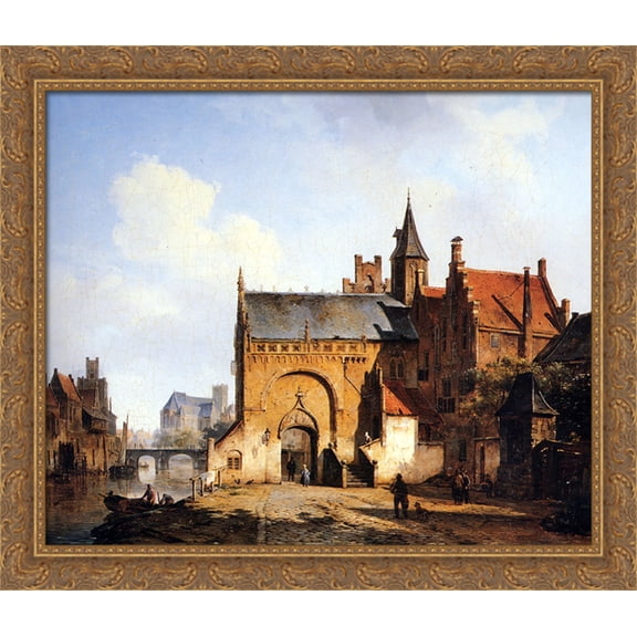 Fantasy cityview of Maassluis 32x28 Large Gold Ornate Wood Framed Canvas Art by Cornelis Springer