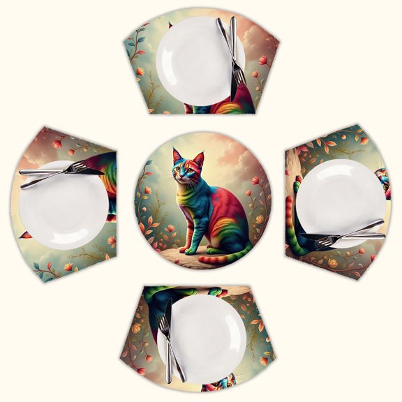 Fantasy harlequin cats flower Round Table Placemats Set Of 5 Wedge Table Mats Washable Heat Resistant Place Mat For Dining Table Kitchen Farmhouse Restaurant