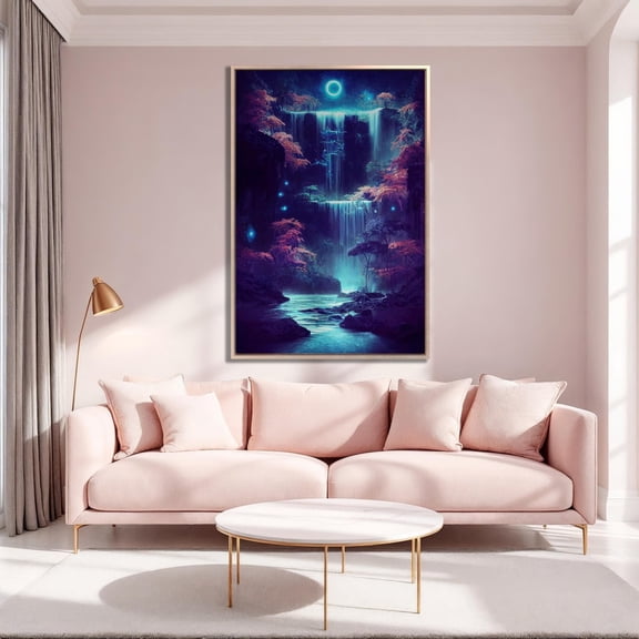 Fantasy of neon waterfall in deep forest Glowing colorful look like fairytale Fluorescent Magic Waterfall Fantasy Forest Poster Decor Unframed Paper Print