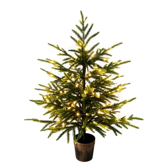 FantasyFrolic Summerween 2ft Artificial Christmas Tree with Lights, Battery Operated Potted Norfolk Pine Cedar Plant for Indoor Outdoor Desktop Decor B