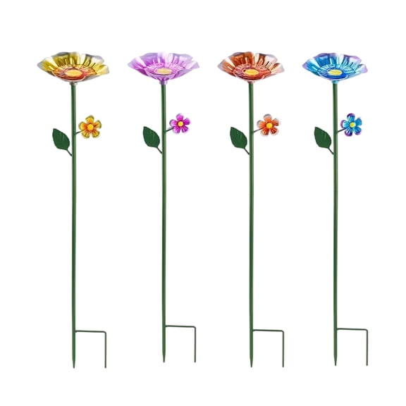 FantasyFrolic Summerween 4 Pack Bird Bath for Garden Outdoor, Metal Flower Shaped Birdbath Tub with Stake, Decorative Water Feeder for Backyard Lawn Patio Yard A