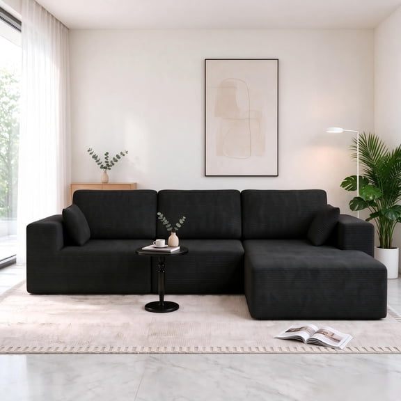 Fantasylab 106" Cloud Boneless Couch with L-Shape Chaise, Modern Modular Sectional Sofa with Cup Holder, Upholstered Couch for Living Room Bedroom Apartment, No Assembly Required, Black