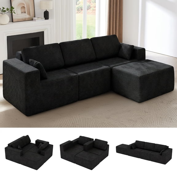 Fantasylab 106" Cloud Boneless Couch with L-Shape Chaise, Modern Modular Sectional Sofa with Cup Holder, Upholstered Couch for Living Room Bedroom Apartment, No Assembly Required, Black