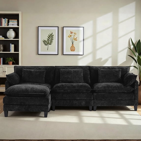 Fantasylab 111" 3-Seat Sectional Sofa,Modular Sleeper Couch with Ottoman,Comfy Upholstered Furniture for Living Room,Apartment,Office,Black