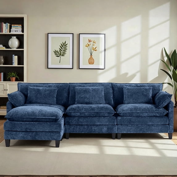 Fantasylab 111" 3-Seat Sectional Sofa,Modular Sleeper Couch with Ottoman,Comfy Upholstered Furniture for Living Room,Apartment,Office,Blue