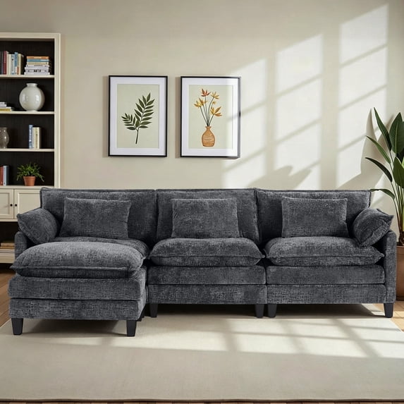 Fantasylab 111" 3-Seat Sectional Sofa,Modular Sleeper Couch with Ottoman,Comfy Upholstered Furniture for Living Room,Apartment,Office,Grey