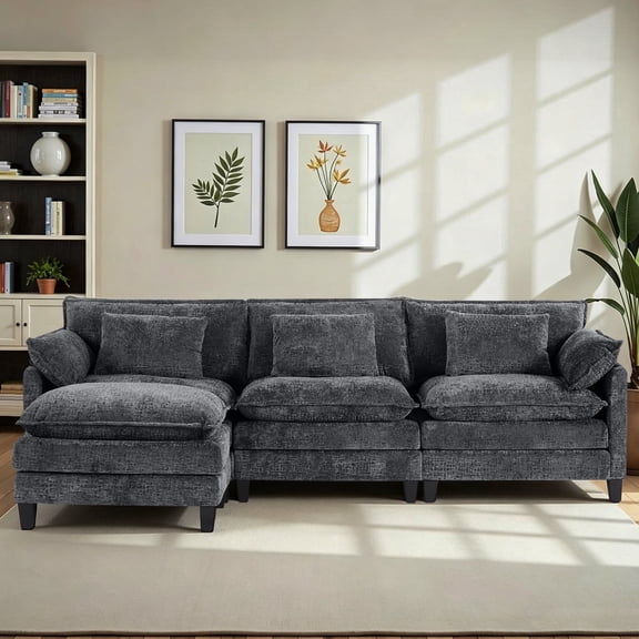 Fantasylab 111" 3-Seat Sectional Sofa,Modular Sleeper Couch with Ottoman,Comfy Upholstered Furniture for Living Room,Apartment,Office,Grey
