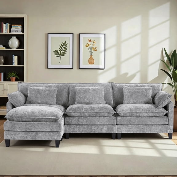 Fantasylab 111" 3-Seat Sectional Sofa,Modular Sleeper Couch with Ottoman,Comfy Upholstered Furniture for Living Room,Apartment,Office,Light Grey