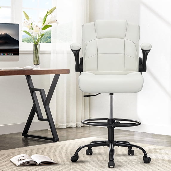 Fantasylab Tall Office Chair for Standing Desk, High Executive Leather Ergonomic Computer Chair with Adjustable Height and Flip-Up Armrest for Counter Height Desk, White