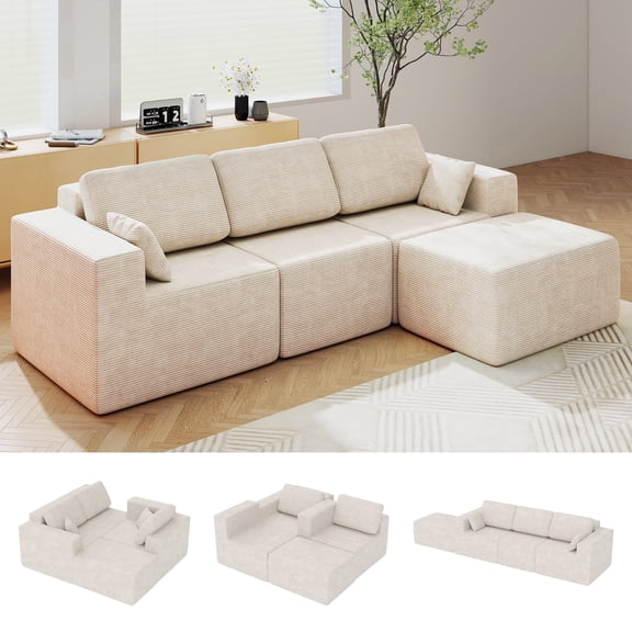 Fantasylab Cloud Boneless Modular Sectional Sofa for Living Room, L Shaped Corduroy Cloud Couch, Memory Foam Cushion, No Assembly Required, Beige