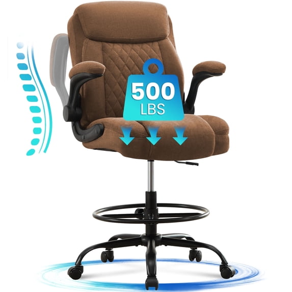 Fantasylab Tall Office Chair for Standing Desk High Executive Leather Ergonomic Computer Chair with Adjustable Height and Flip-Up Armrest for Counter Height Desk,BROWN